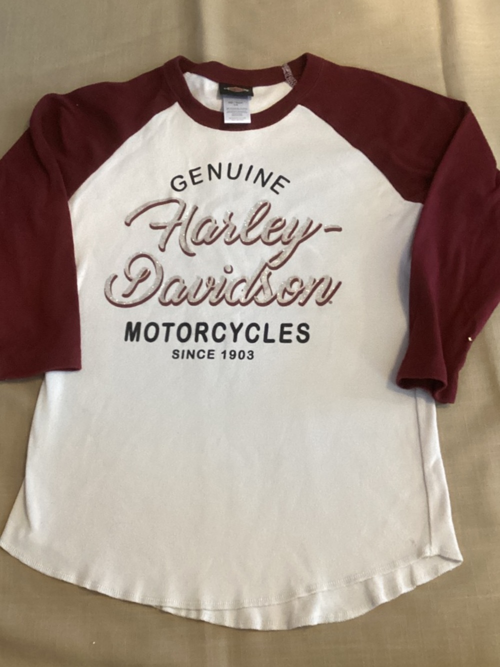 EUC Harley-Davidson White & Burgundy Raglan Shirt